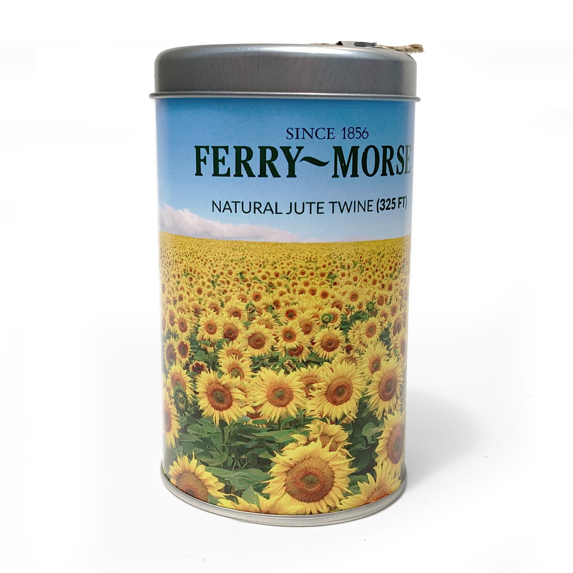 A spool of Ferry-Morse natural jute twine in a tin canister with a sunflower field design.